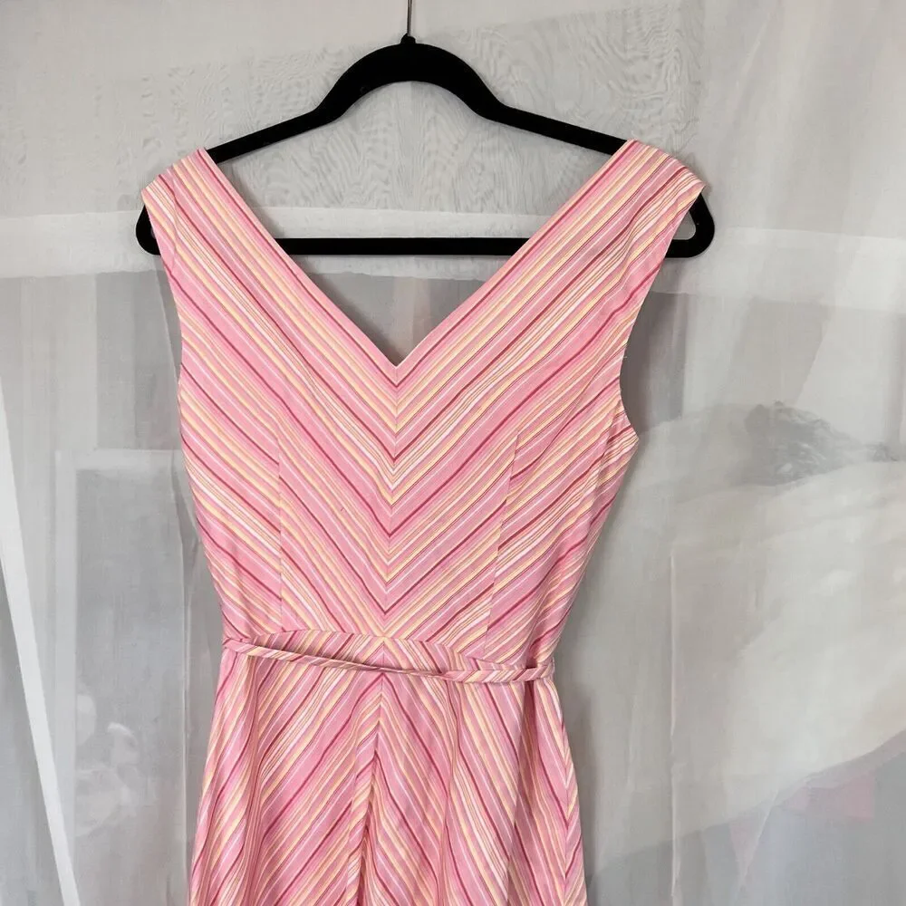 London Times striped midi dress size 4 waist tie preppy classic feminine pink - Picture 10 of 12
